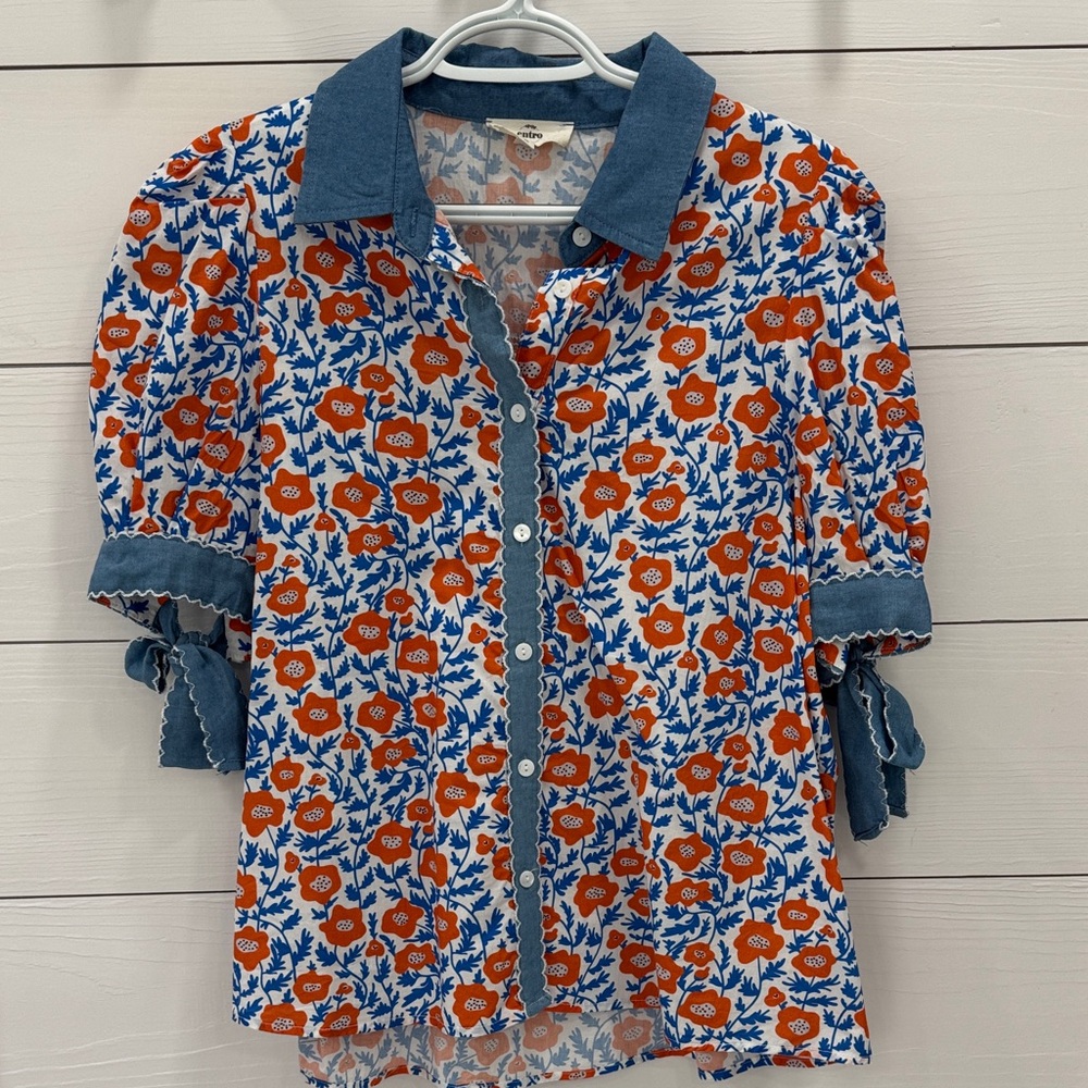 Entro Floral Blouse with Blue and Orange Design